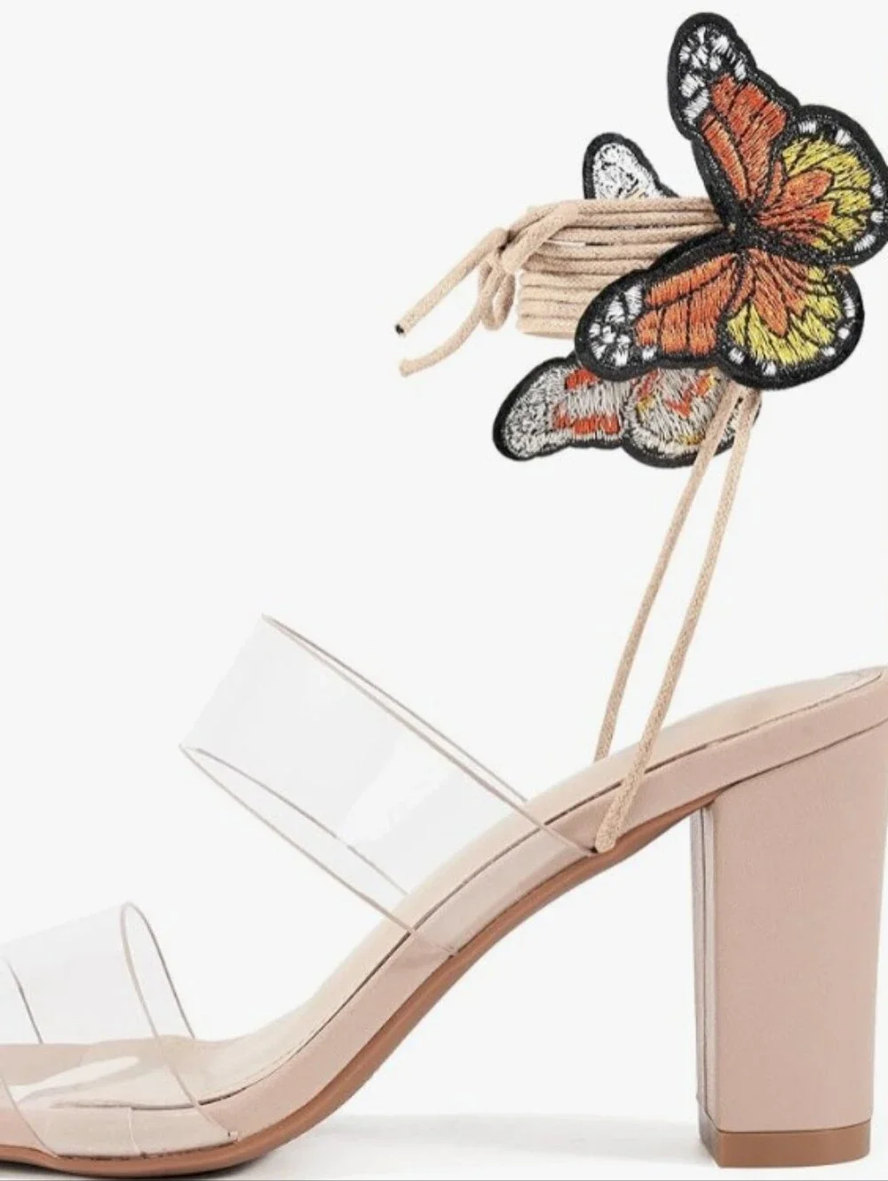 NWT Embroidered Butterfly Lace Up Block Heels Clear Strap Sandals Apricot 5 6 7